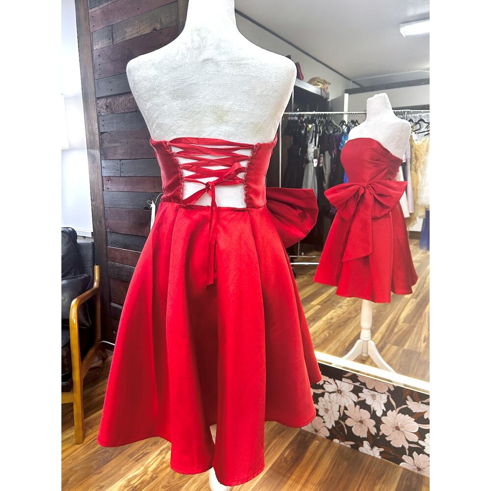 Y2K Strapless Red Satin Mini Dress Small Coquette Oversized Bow Lace Up Corset - Picture 6 of 8